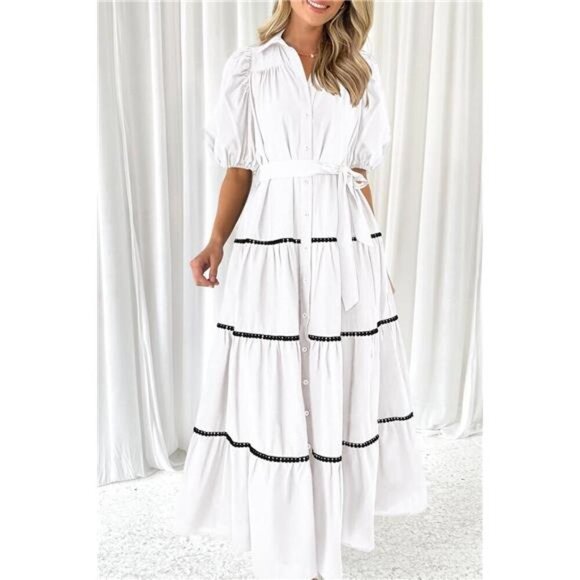 Women's Button Down Shirt Dress Short Puffy Sleeve Tiered Ruffle Flowy Long Maxi - Picture 3 of 6